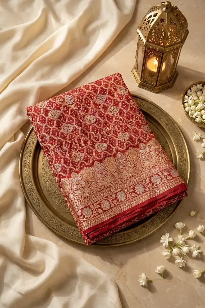 Crimson Red Handwoven Banarasi Khaddi Georgette Bandhani Saree