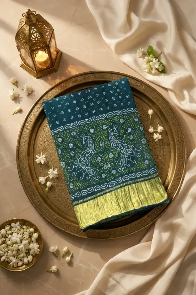 Teal Blue Bandhani Georgette Saree with Peacock Pallu