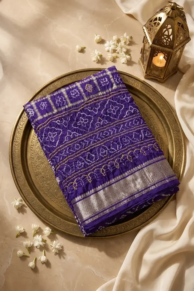 Royal Purple Gaji Silk Zari Checks Bandhani Saree