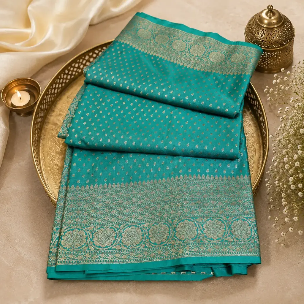 Elegant Teal Blue Banarasi Silk Saree with Gold Buttis & Rich Zari Border