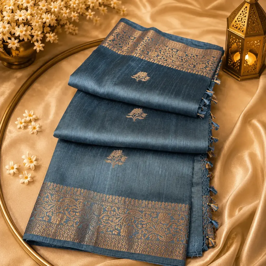 Steel Blue Banarasi Silk Blend Saree with Gold Zari Floral Border & Elegant Traditional Weave 
