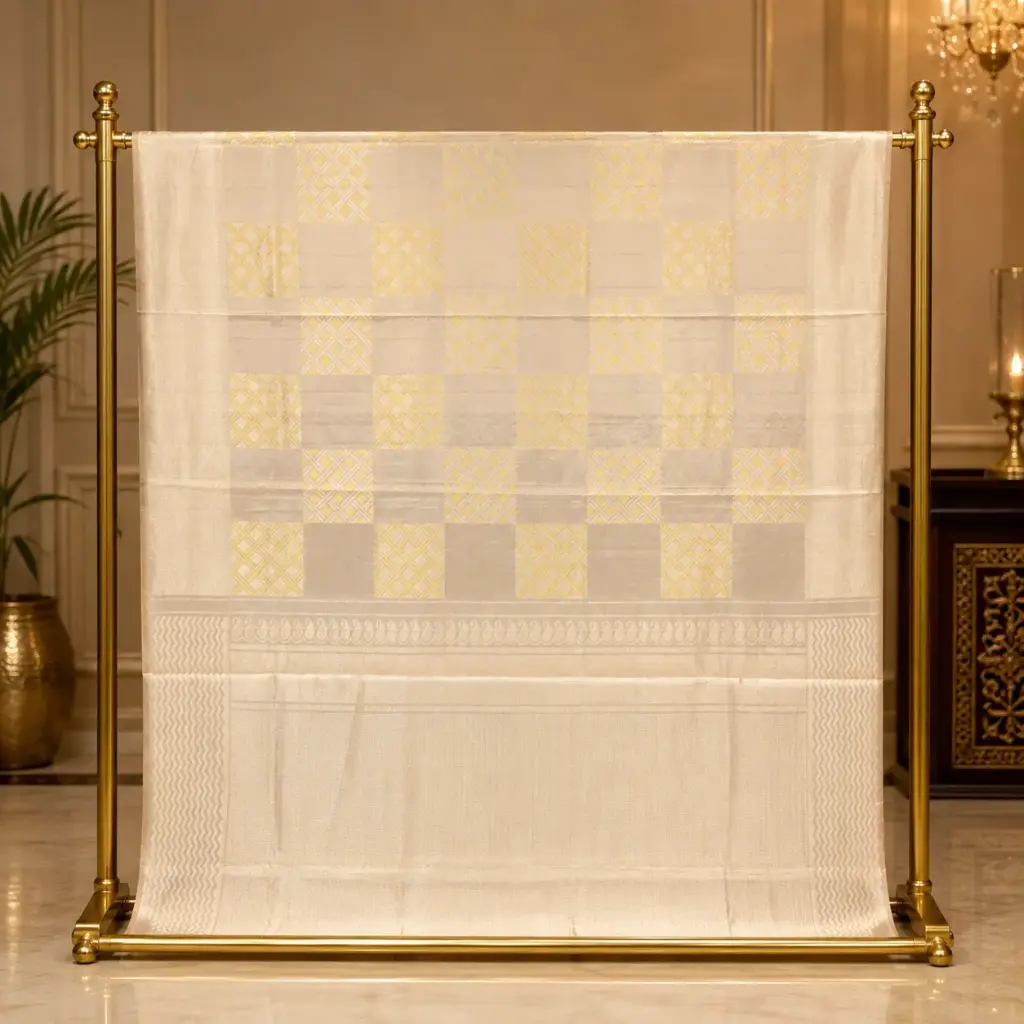 Elegant Ivory Saree with Gold Checkered Motifs and Woven Border for Weddings