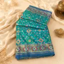 Teal Patola Style Saree with Golden Zari Border, Festive Silk Blend Wedding Party Wear for Women New 