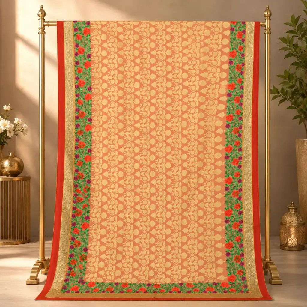 Women's Peach Saree with Golden Floral Motifs and Multicolour Border