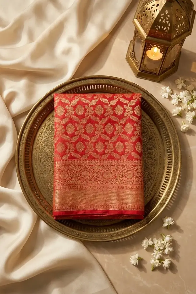 Crimson Red Pure Silk Saree with Gold Zari Brocade