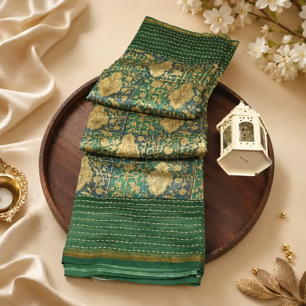 Teal Green Silk Blend Saree with Gold Floral Print & Striped Border