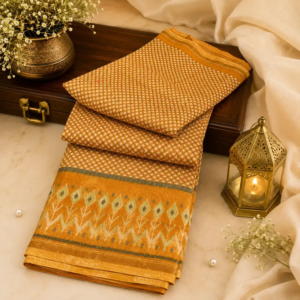 Mustard Orange Printed Silk Blend Saree with Ikat Inspired Border