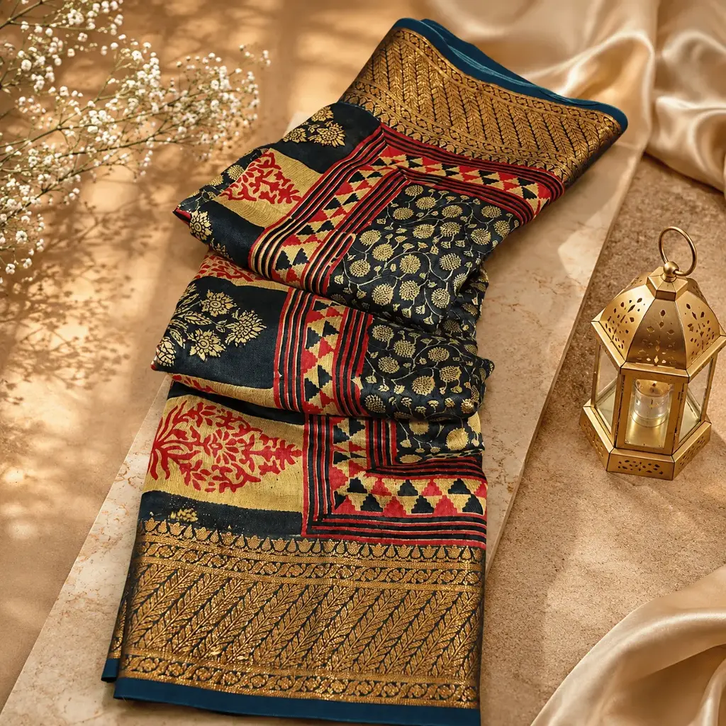 Navy Blue Silk Blend Saree with Gold Zari Border & Traditional Floral Prints