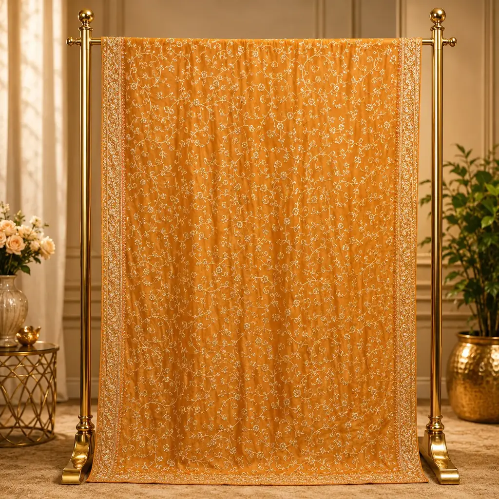Women's Mustard Gold Designer Saree with All-Over Floral Vine Embroidery
