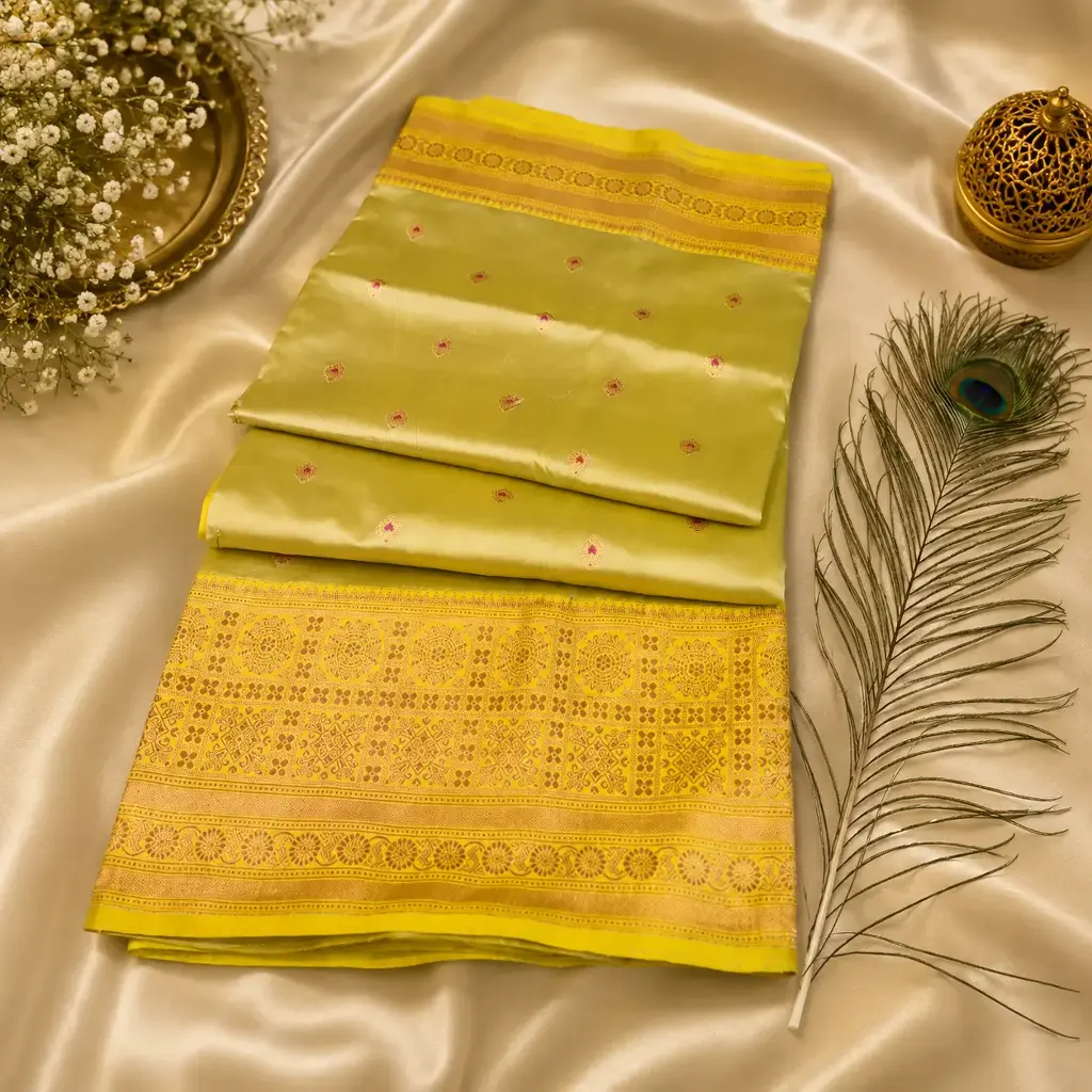 Elegant Pistachio Green Banarasi Silk Saree with Yellow Zari Border