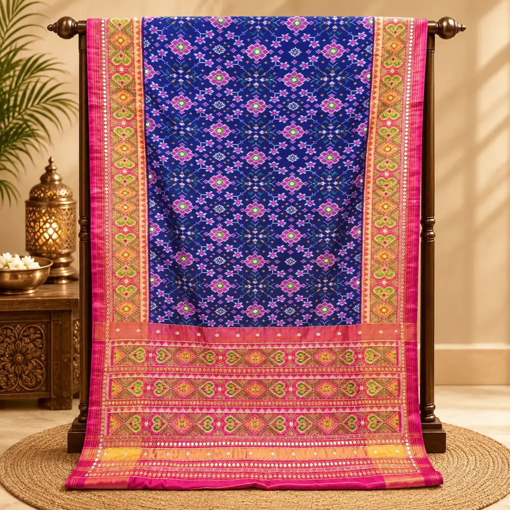 Navy Blue Floral Printed Saree with Pink Zari Border