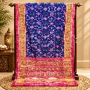 Navy Blue Floral Printed Saree with Pink Zari Border