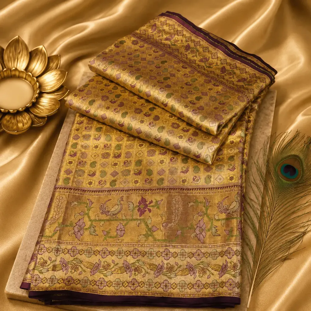 Premium Golden Tissue Banarasi Silk Saree with Multicolor Floral & Bird Weaving