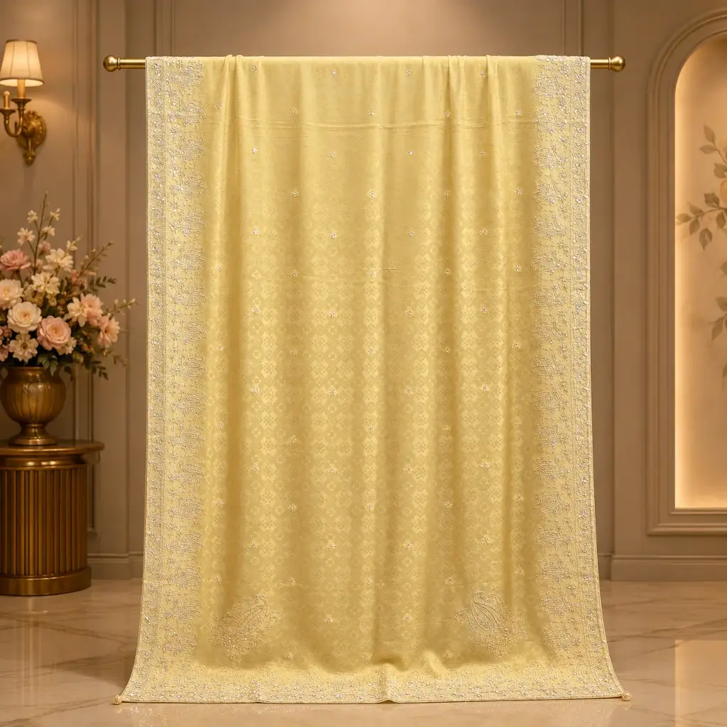 Butter Yellow Woven Dupatta with Silver Paisley Border