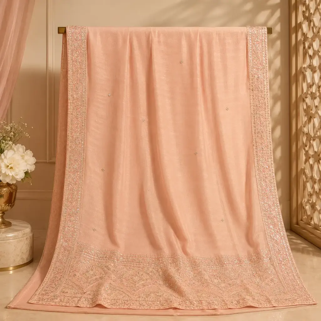 Blush Peach Dupatta with Silver Embroidered Floral Border