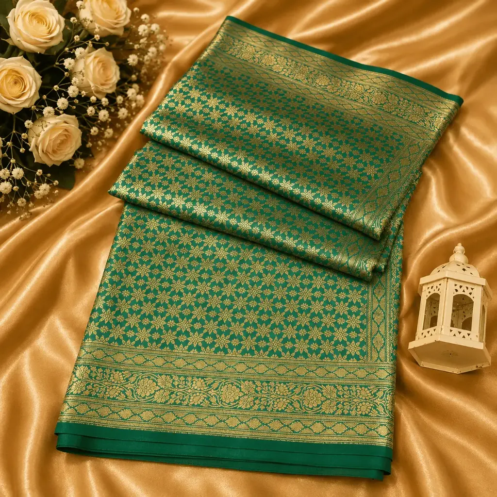 Emerald Green Banarasi Silk Saree with Gold Zari Floral Weave & Rich Border