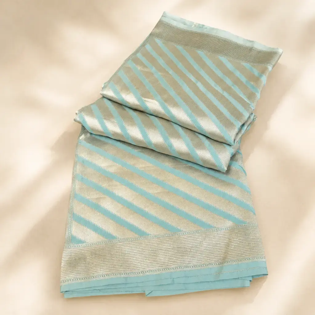 Aqua Blue Gold Banarasi Style Saree with Diagonal Zari Stripes