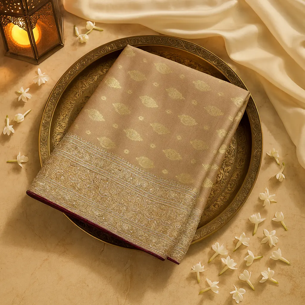 Elegant Beige Designer Saree with Exquisite Zari and Embroidery