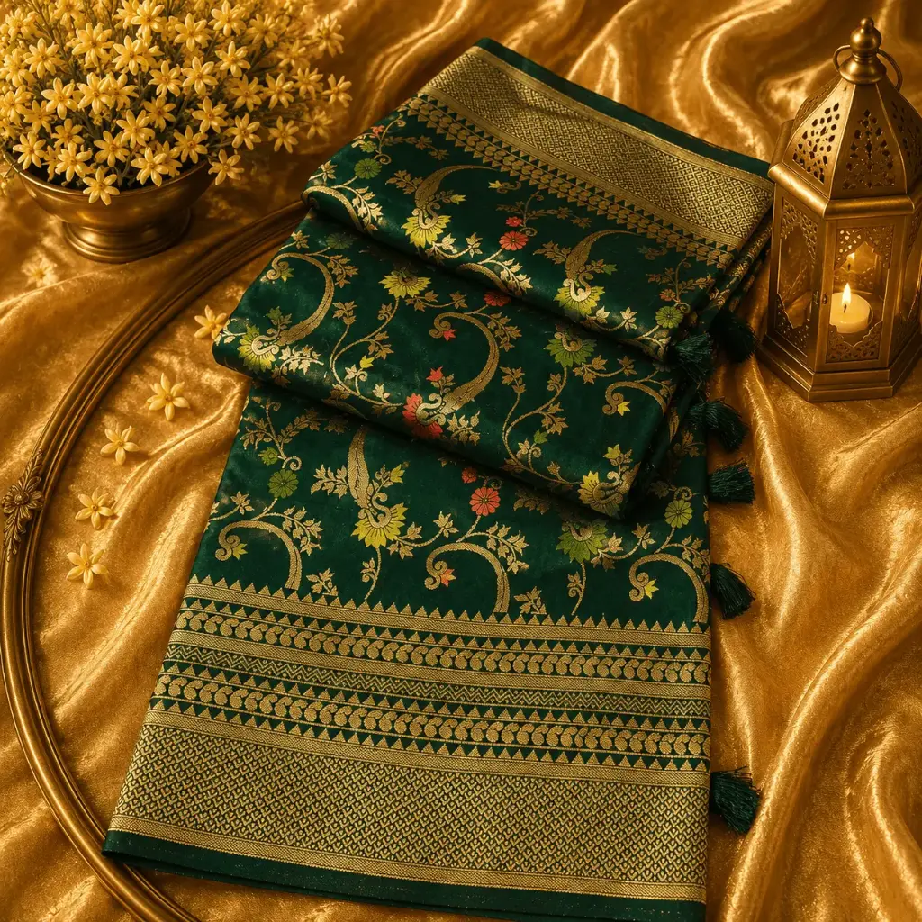 Elegant Green Banarasi Silk Saree with Golden Floral Weave & Tassel Pallu