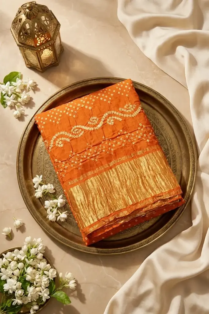 Tangerine Orange Bandhani Silk Saree with Zari Pallu