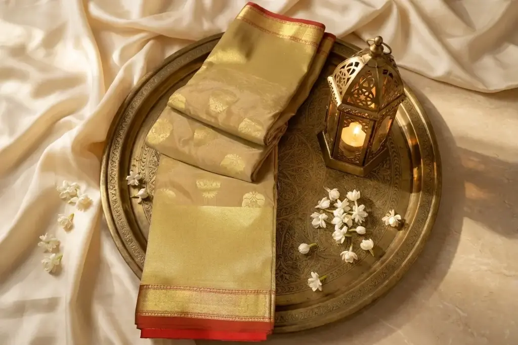 Beige Gold Silk Saree with Crimson Red Zari Pallu
