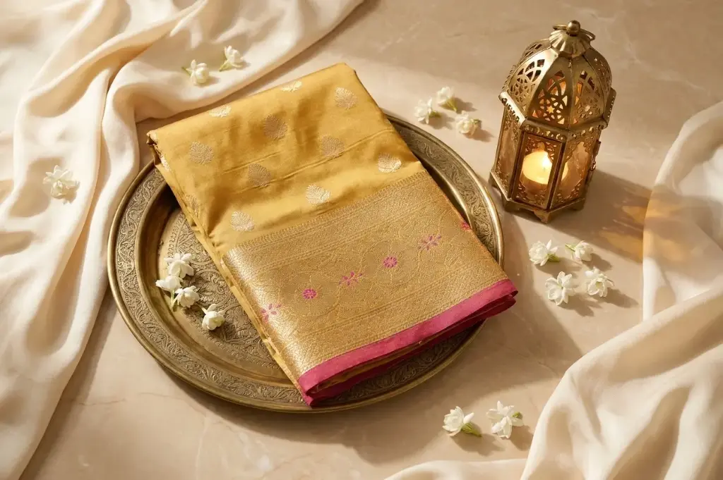 Mustard Yellow Silk Saree with Contrast Rani Pink Border