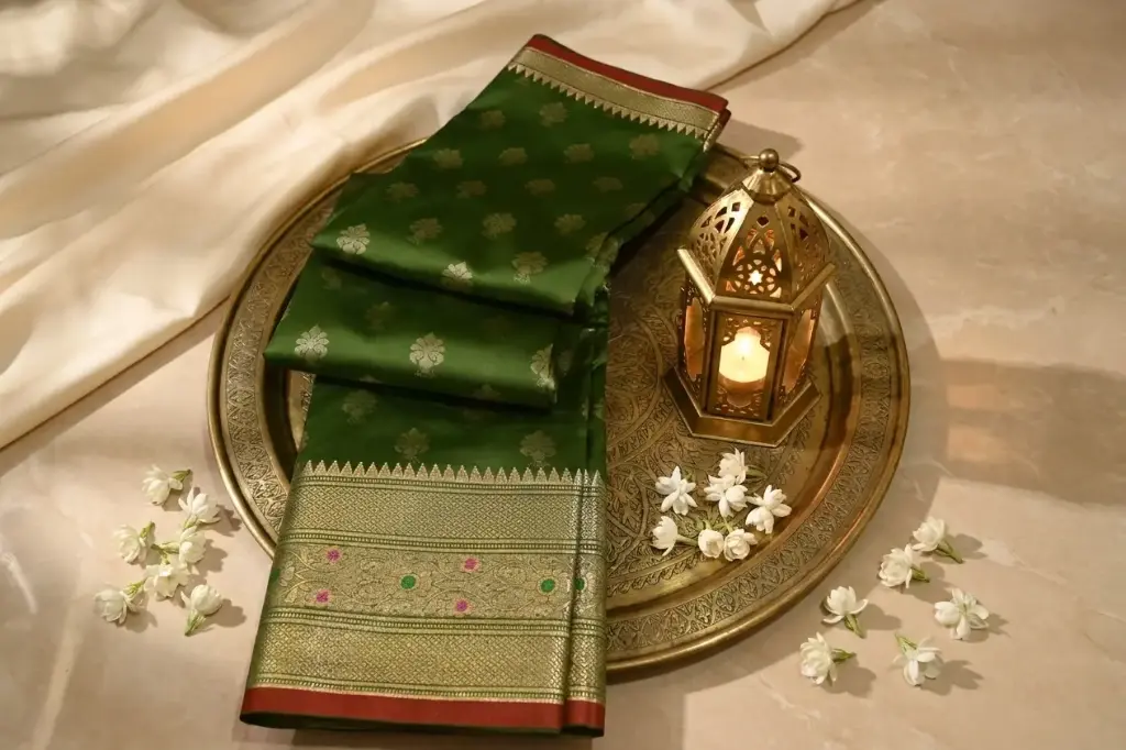 Emerald Green Silk Saree with Contrast Red Zari Border