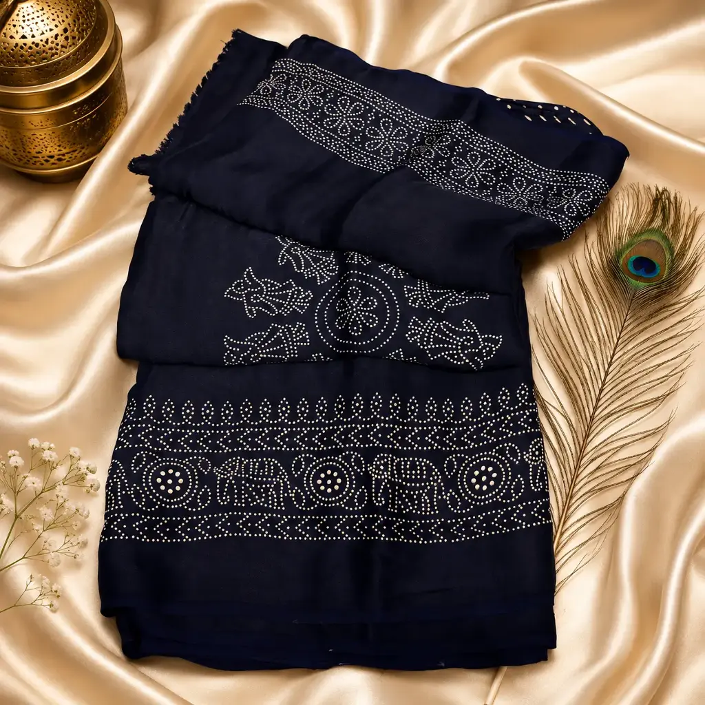 Navy Blue Bandhani Printed Cotton Silk Saree with Elephant Border