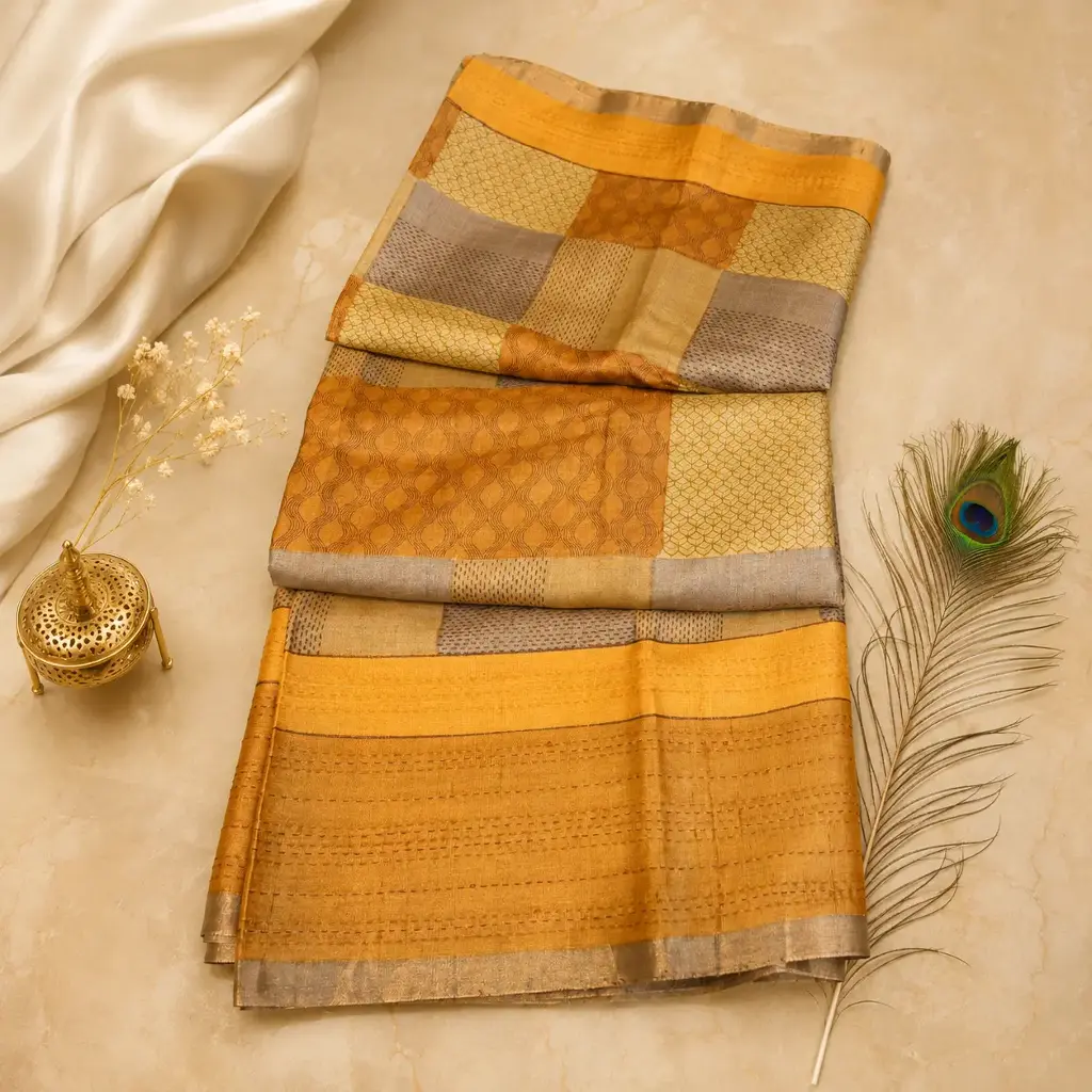Elegant Mustard & Beige Checked Linen Cotton Saree with Woven Border