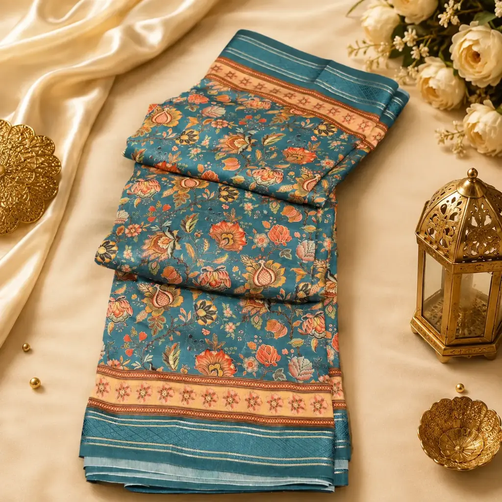 Teal Blue Floral Printed Silk Blend Saree with Elegant Border