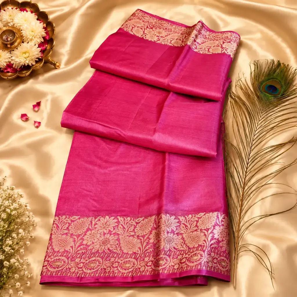 Elegant Hot Pink Soft Silk Saree with Gold Floral Zari Border