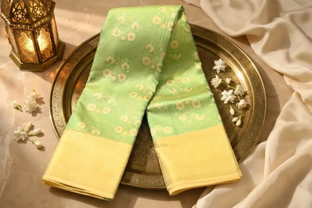 Parrot Green Woven Silk Saree with Gold Zari Border