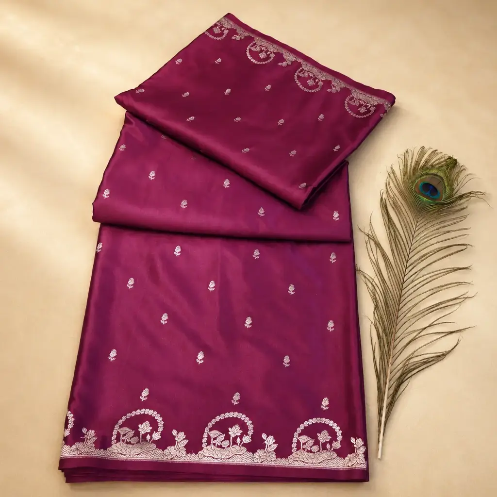 Wine Purple Silk Saree with Silver Buti Work, Floral Border & Peacock Feather Styling