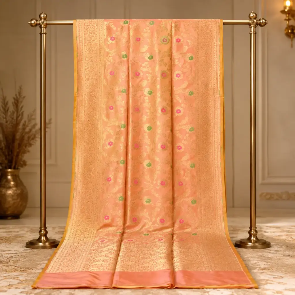 Peach Gold-Tone Floral Motif Saree with Designer Zari Border
