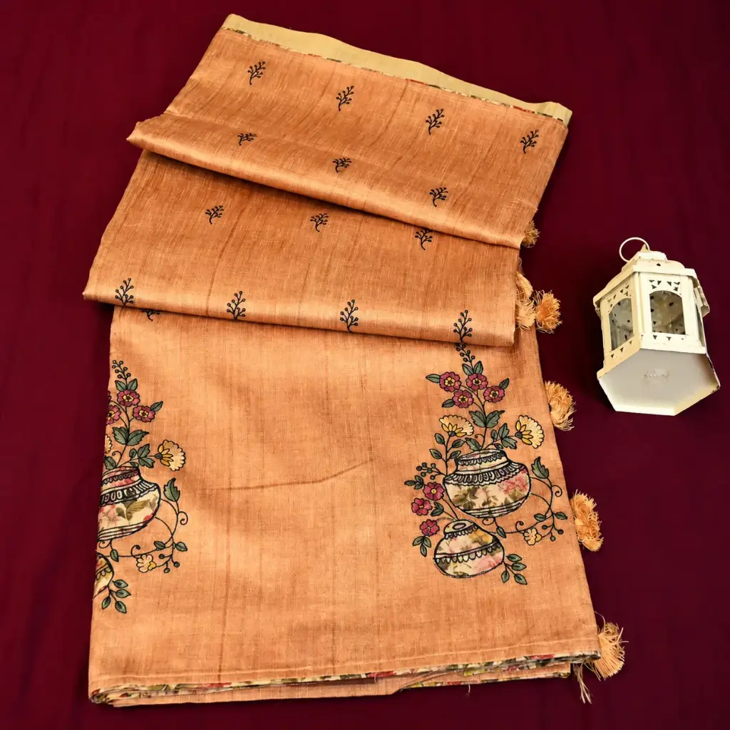 Peach Copper Silk Blend Saree with Floral Pot Embroidery, Black Buti & Tassel Pallu