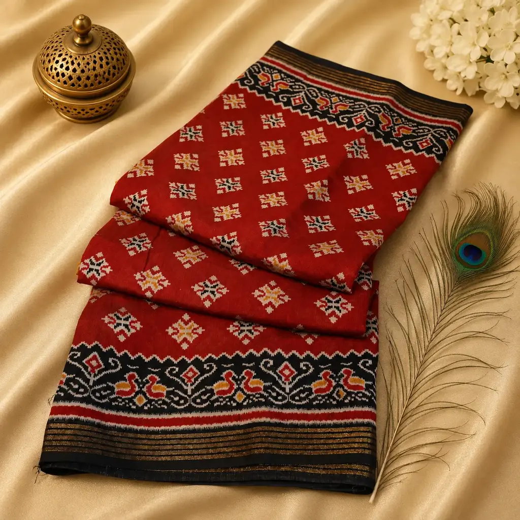 Red Traditional Cotton Silk Saree with Black Woven Border