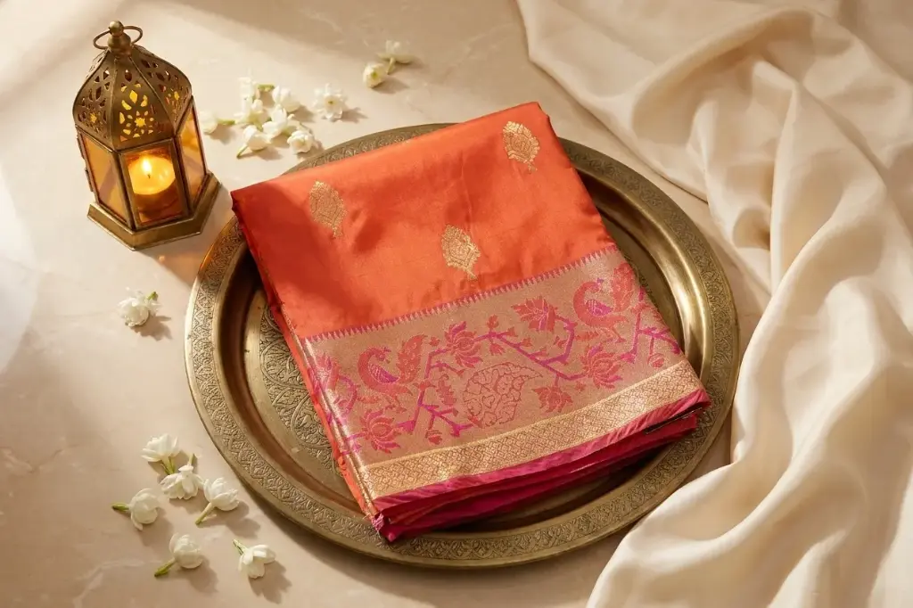 Coral Orange and Pink Silk Saree with Zari Peacock Border