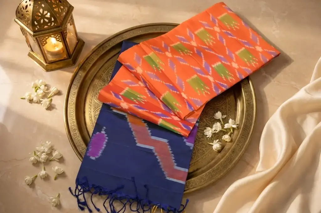 Royal Blue and Orange Pure Silk Handloom Ikat Saree