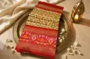 Off-White and Red Pure Silk Patola Ikat Saree