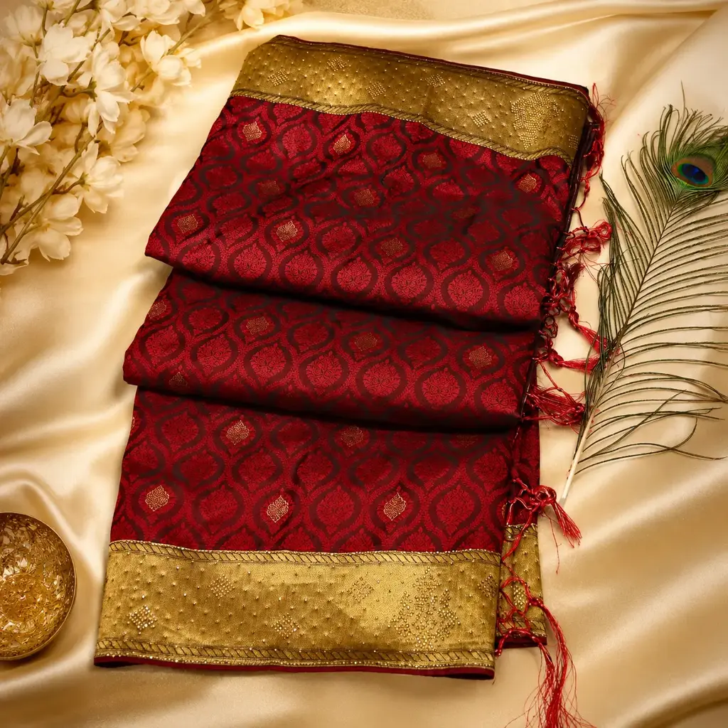 Women's Maroon Jacquard Silk Blend Saree with Golden Border