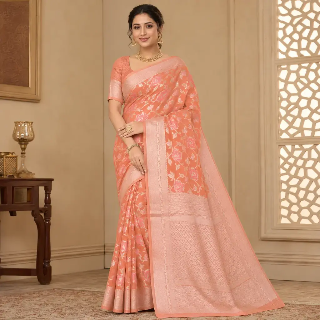 Peach Coral Floral Woven Saree for Women with Silver Zari Border 