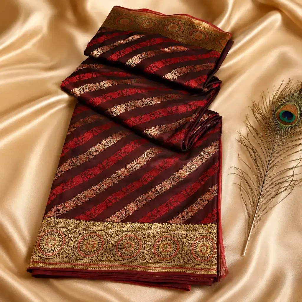 Maroon Red Silk Saree with Gold Zari Stripes & Medallion Border