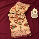 Beige Silk Blend Saree with Maroon Border