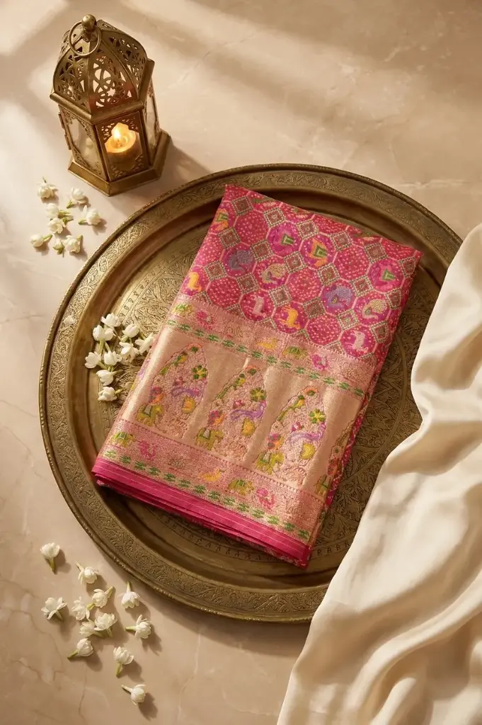 Rani Pink Banarasi Georgette Shikargah Meenakari Saree