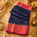 Elegant Navy Blue Banarasi Silk Saree with Gold Zari Butis & Pink Contrast Border