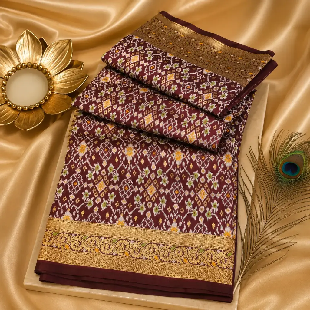 Elegant Maroon Patola Silk Saree with Traditional Multicolor Ikat Weaving & Golden Border