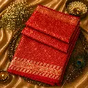 Red Banarasi Silk Saree with Geometric Zari Weaving & Floral Border