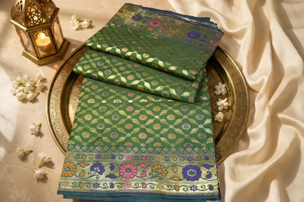 Bottle Green Banarasi Silk Saree with Meenakari Floral Weave