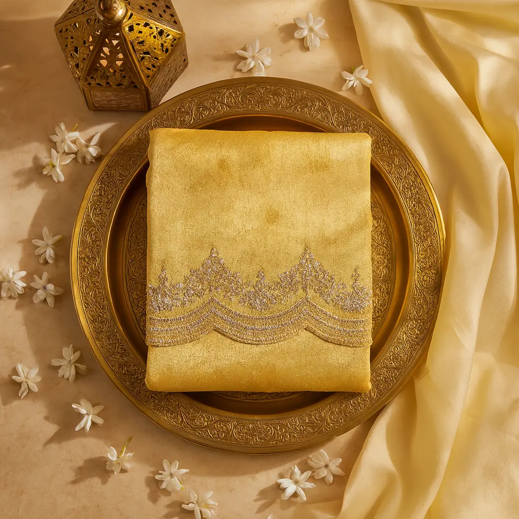 Elegant Golden Silk Saree with Scalloped Sequin Border