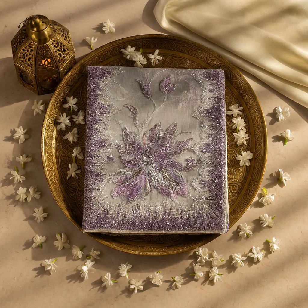 Elegant Embellished Purple Saree with Metallic Floral Accents